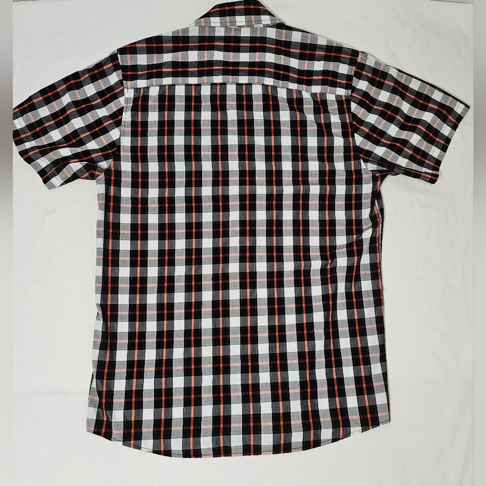 Dixxon Route 66 Plaid Button Up Shirt Mens M Black White Orange Bamboo Blend - Picture 2 of 8